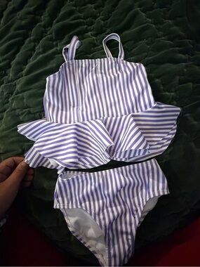 Striped Lavender & White Two-Piece Ruffle Swimsuit— habitual brand size 5